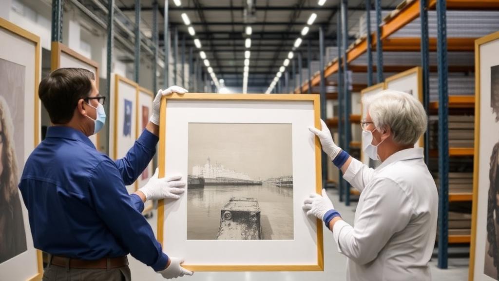 Art handlers in gloves inspecting a framed print in an art store — Art & collectibles offering in London, United Kingdom