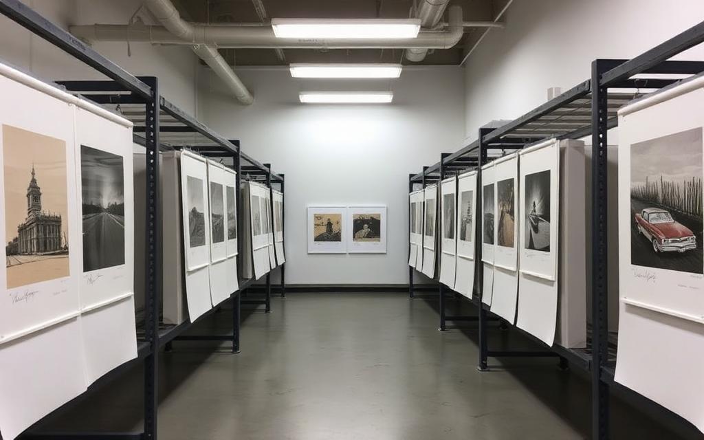 Signed limited-edition prints on archival racks in a gallery print room — Art & collectibles offering in Mayfair, London, United Kingdom