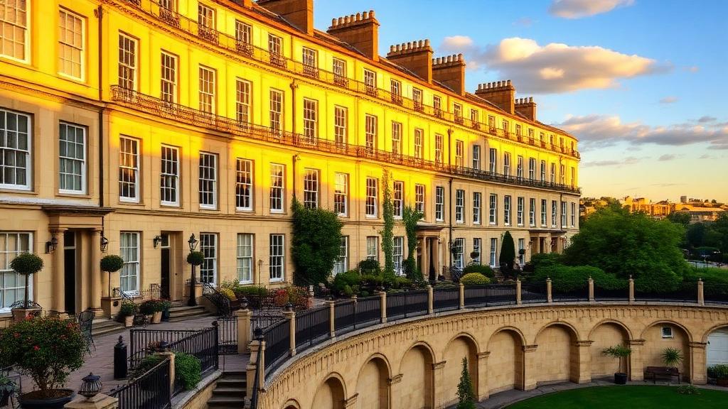 Georgian stone crescent of listed townhouses in Bath at golden hour — Hotels & heritage offering in Liverpool, North West, England