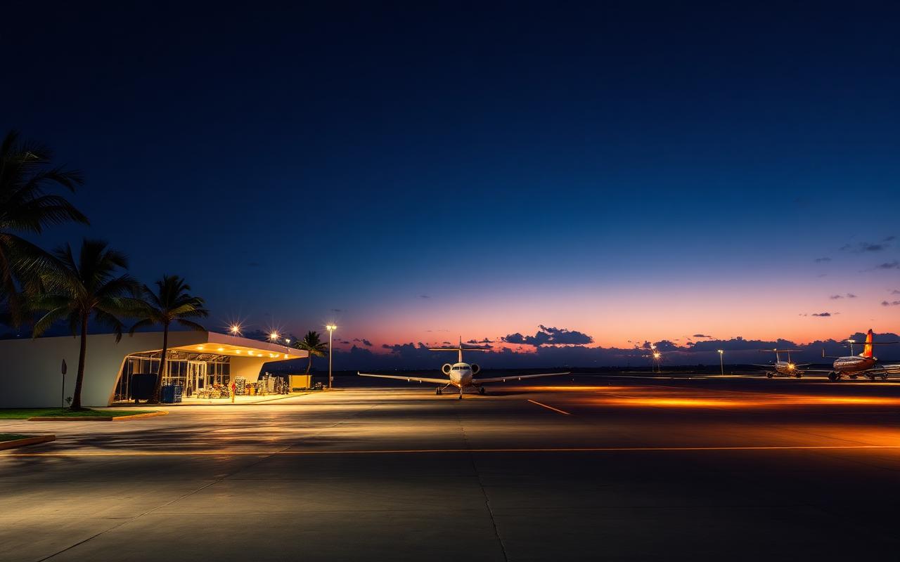 Regional airport terminal and apron with aircraft at dusk — Airport concessions offering in Cairns, QLD