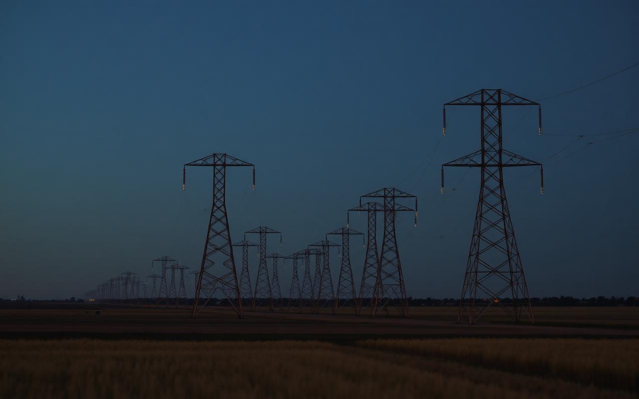 High-voltage transmission towers crossing rural farmland at dusk — Grid transmission offering in Wellington, NSW
