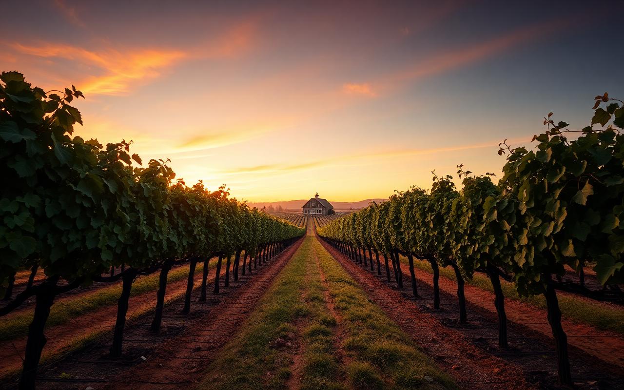 Rows of vineyard grapevines on terra rossa soil at dusk — Viticulture offering in Coonawarra, SA