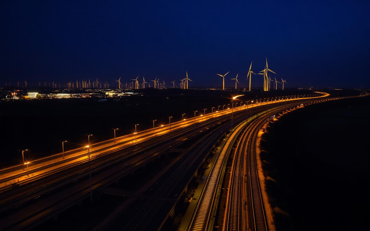 Motorway, rail corridor and wind turbines at dusk — Infrastructure equity offering in Melbourne CBD, VIC