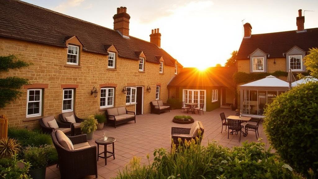 Honey-stone Cotswolds country inn with garden terrace at golden hour — Hotels & heritage offering in Bath & North East Somerset, South West, England