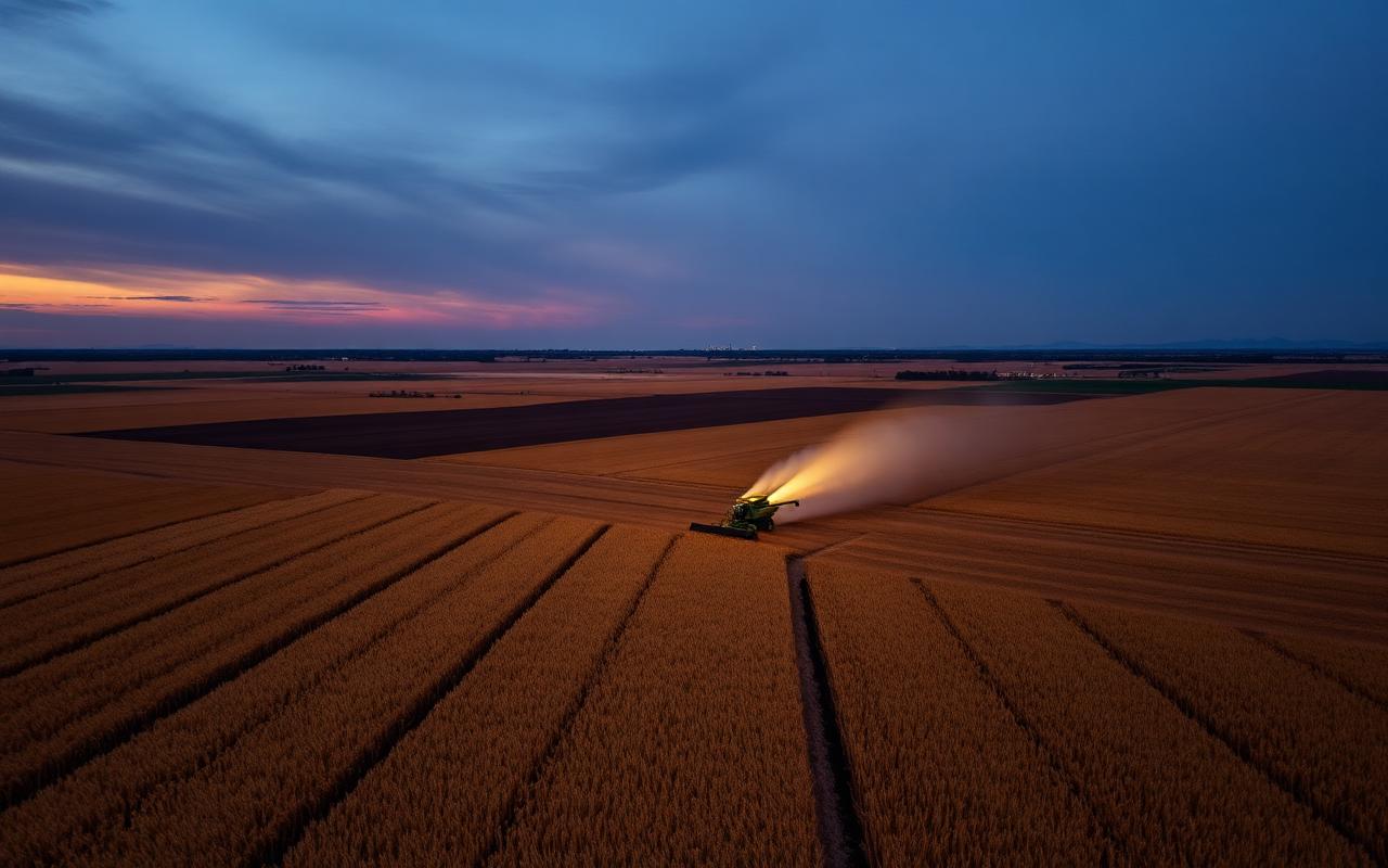 Harvester working golden broadacre wheat paddocks at dusk — Agricultural land offering in Darling Downs, QLD