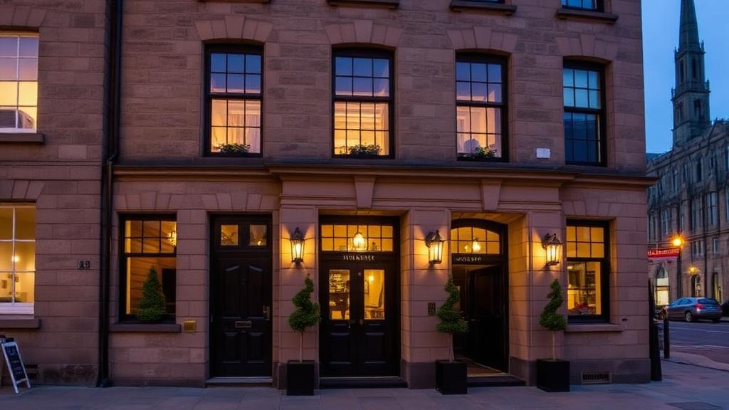 Boutique hotel with lit stone facade in Edinburgh Old Town at dusk — Hotels & heritage offering in City of Edinburgh, Scotland, Scotland