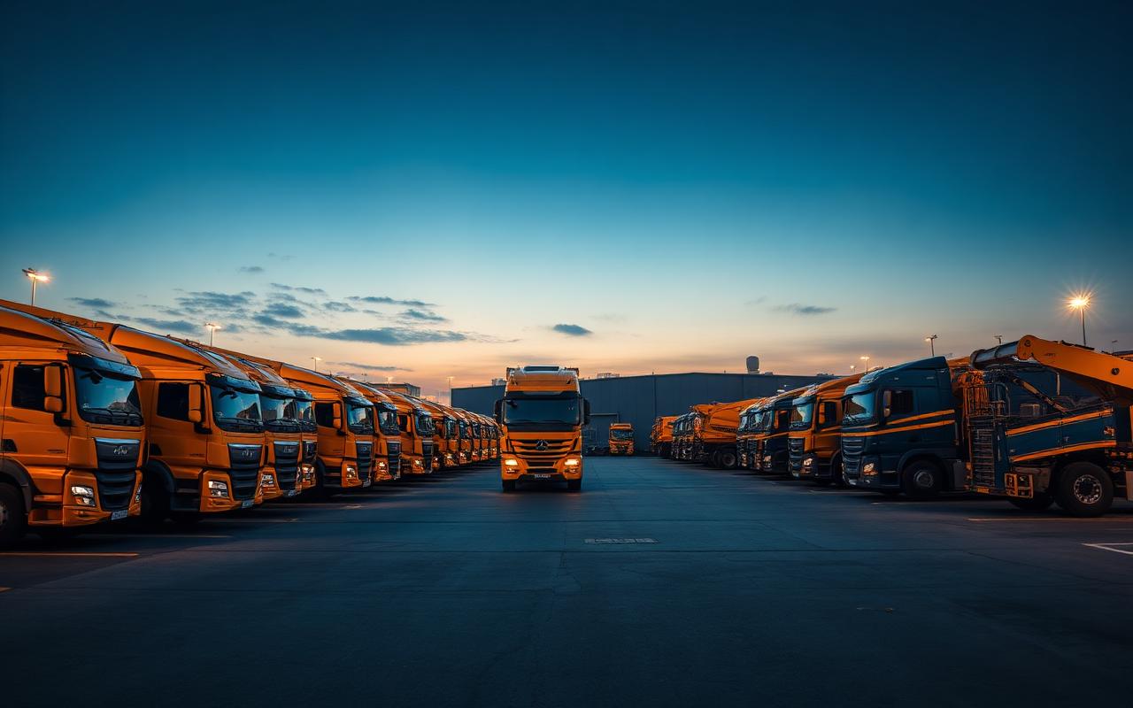 Fleet of commercial trucks and equipment lined up in a depot — Equipment leasing offering in Brisbane, QLD