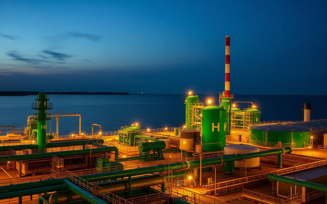 Green hydrogen electrolyser plant and storage tanks at dusk — Green hydrogen infrastructure offering in Gladstone, QLD