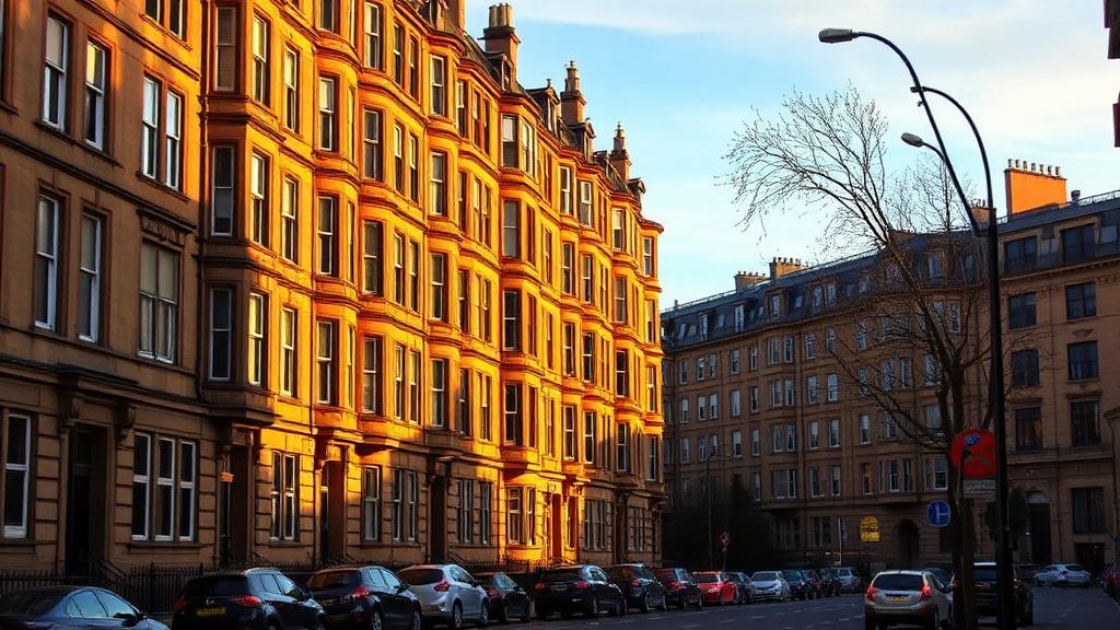 Glasgow sandstone tenement flats in warm evening light — Residential offering in Islington, London, England