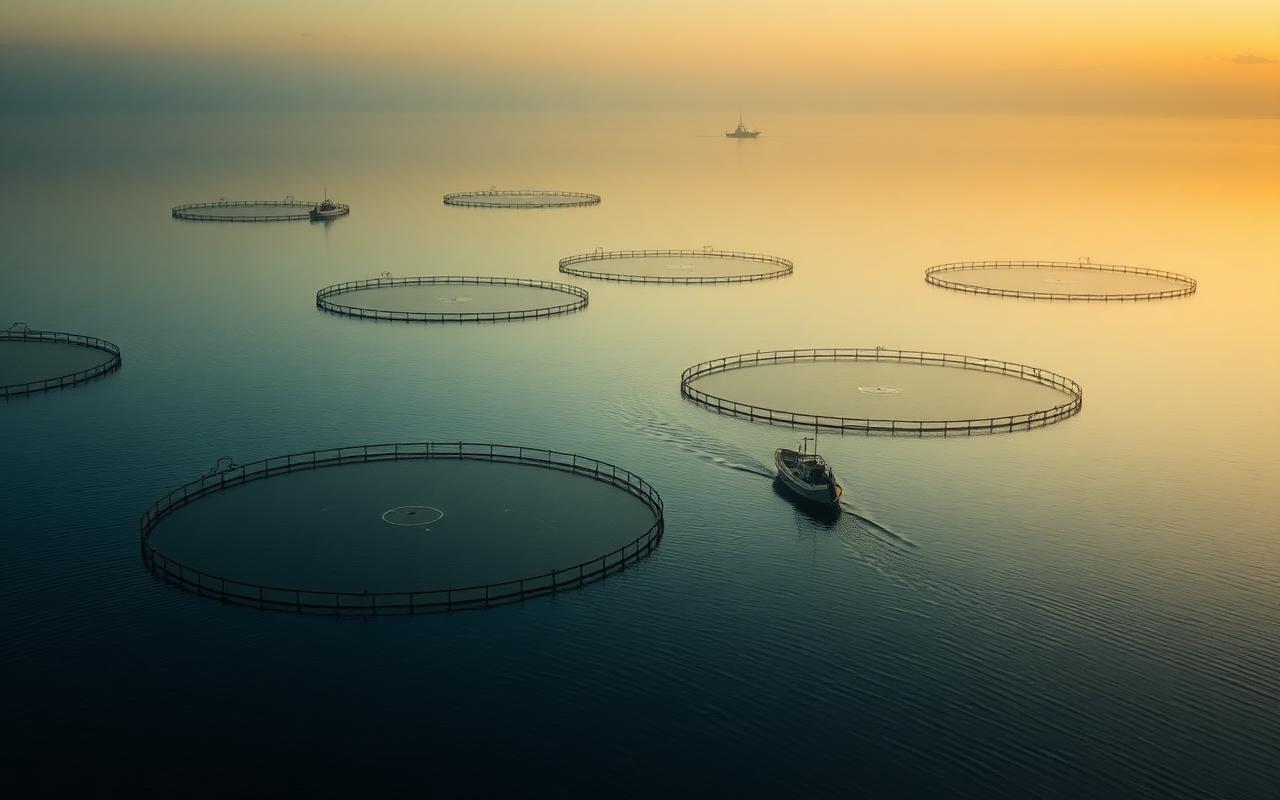 Circular salmon aquaculture sea pens in a calm Tasmanian estuary — Aquaculture offering in Huon Valley, TAS