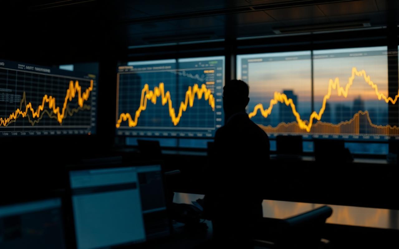 Portfolio operations room at dusk with gold performance curves on dark screens and a silhouetted analyst
