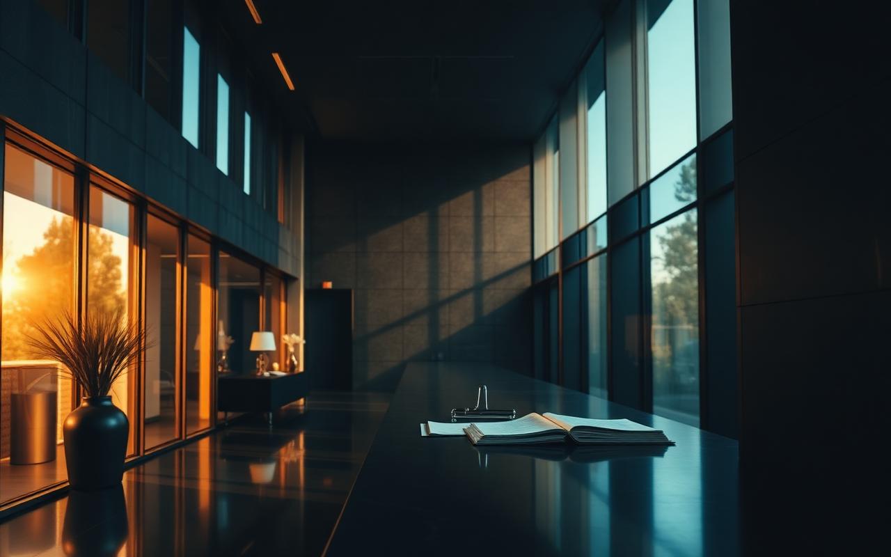 Trustee signing desk in a dark navy office at dusk, executed transaction documents lit by warm gold light
