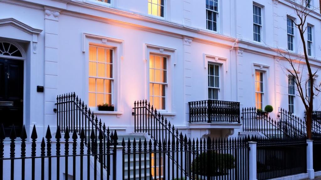 White stucco Kensington townhouse facade with black railings, London — Residential offering in Leeds, Yorkshire & the Humber, England
