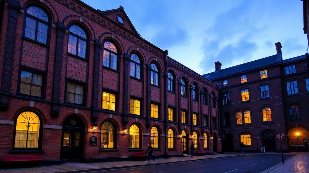 Converted listed Victorian brick warehouse in Liverpool at dusk — Hotels & heritage offering in Manchester, North West, England