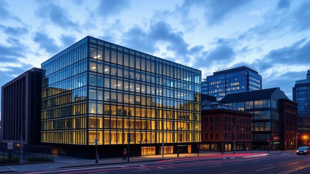 Grade A glass office building in Spinningfields, Manchester, at dusk — Commercial offering in Birmingham, West Midlands, England