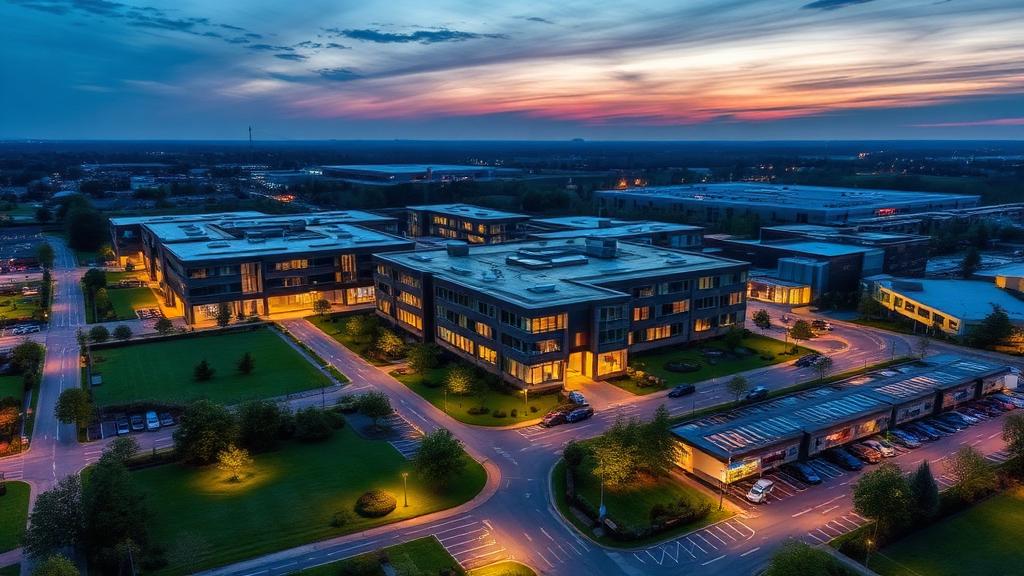 Aerial view of a modern business park campus at dusk, Milton Keynes — Commercial offering in Manchester, North West, England