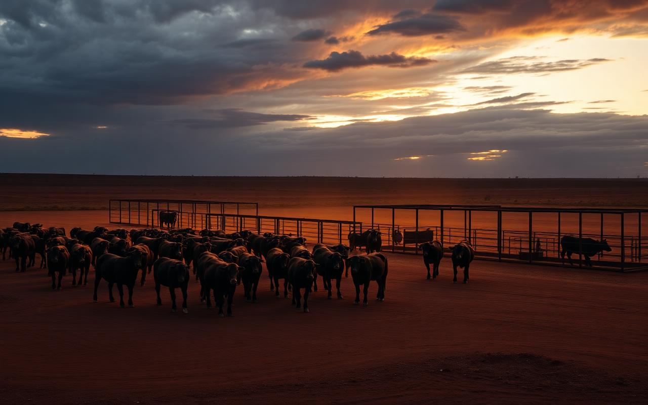 Cattle and steel yards on a Northern Territory station at sunset — Livestock & protein offering in Katherine, NT