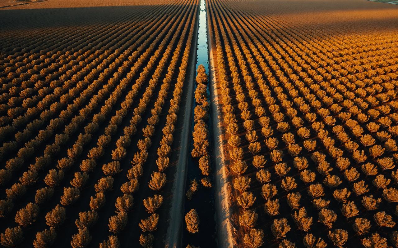 Aerial view of Riverina almond orchard and irrigation channel — Agriculture offering in Griffith, NSW