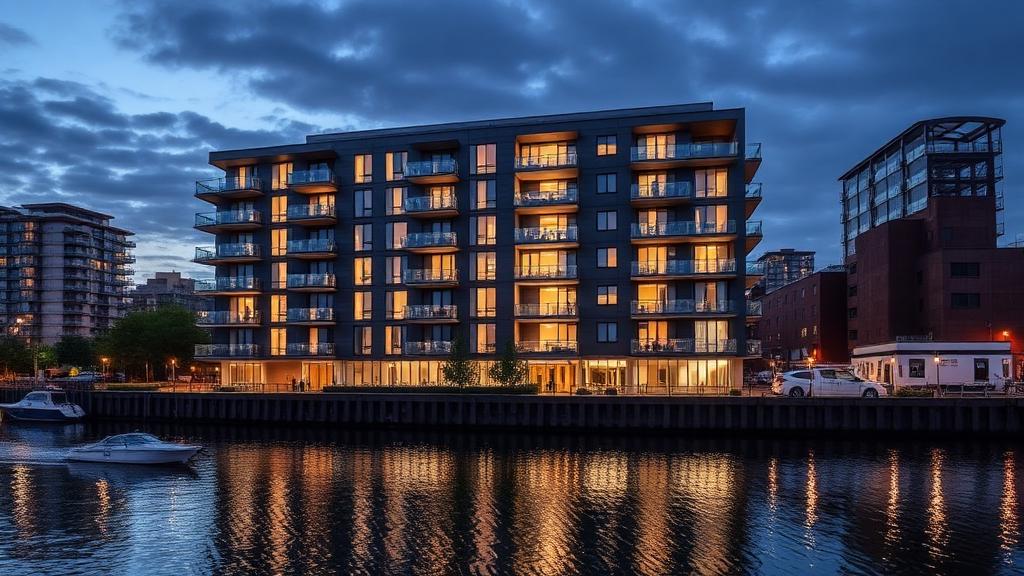 Modern waterside apartment building at Salford Quays, Manchester, at dusk — Residential offering in Kensington & Chelsea, London, England