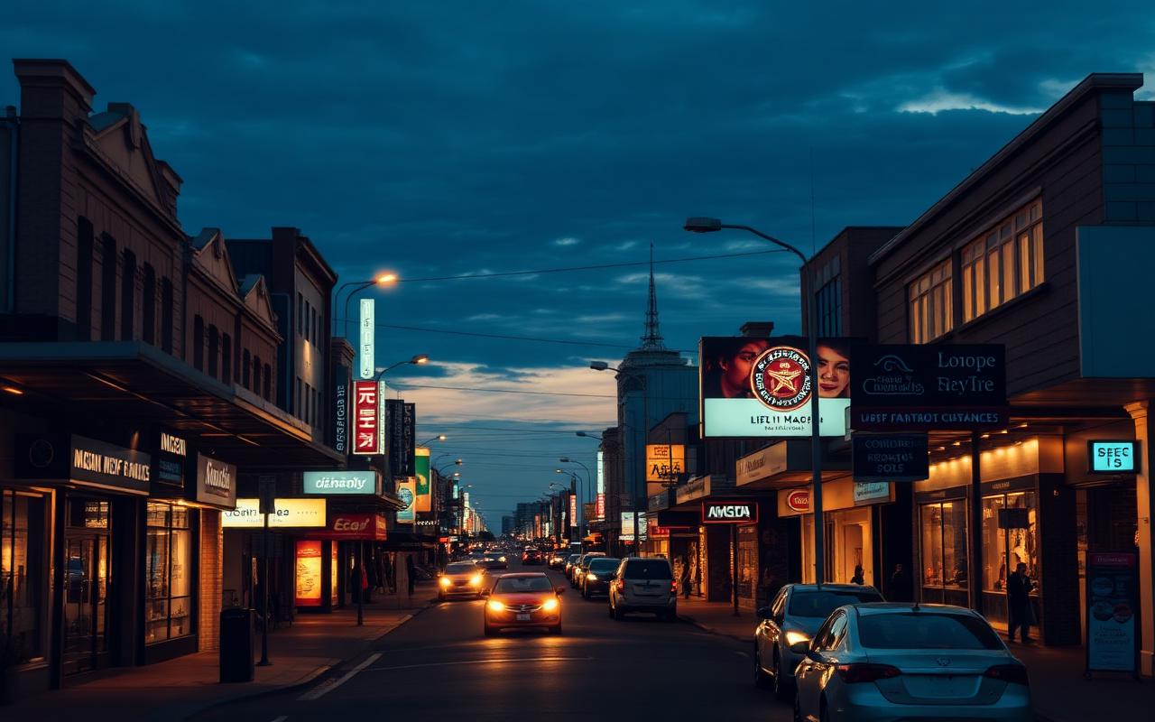 Australian main street of small business shopfronts at dusk — SME direct lending offering in Melbourne CBD, VIC