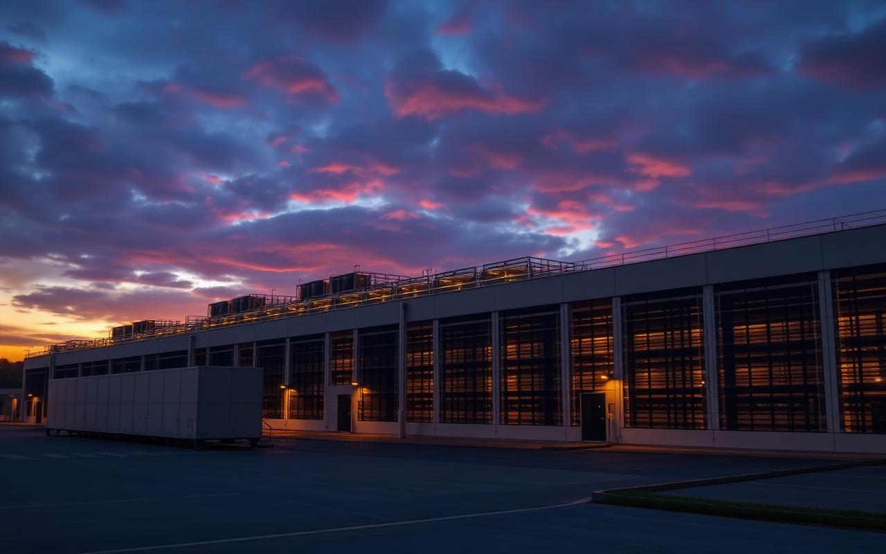 Hyperscale data centre campus lit at dusk in Western Sydney — Data centre infrastructure offering in Eastern Creek, NSW