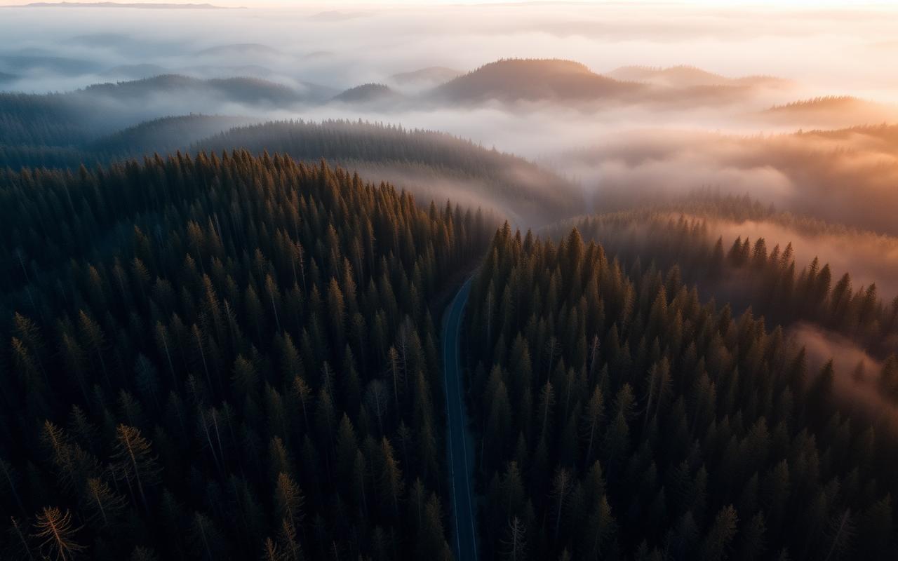 Aerial view of a managed Tasmanian plantation forest in morning mist — Forestry & timberland offering in North West Tasmania, TAS