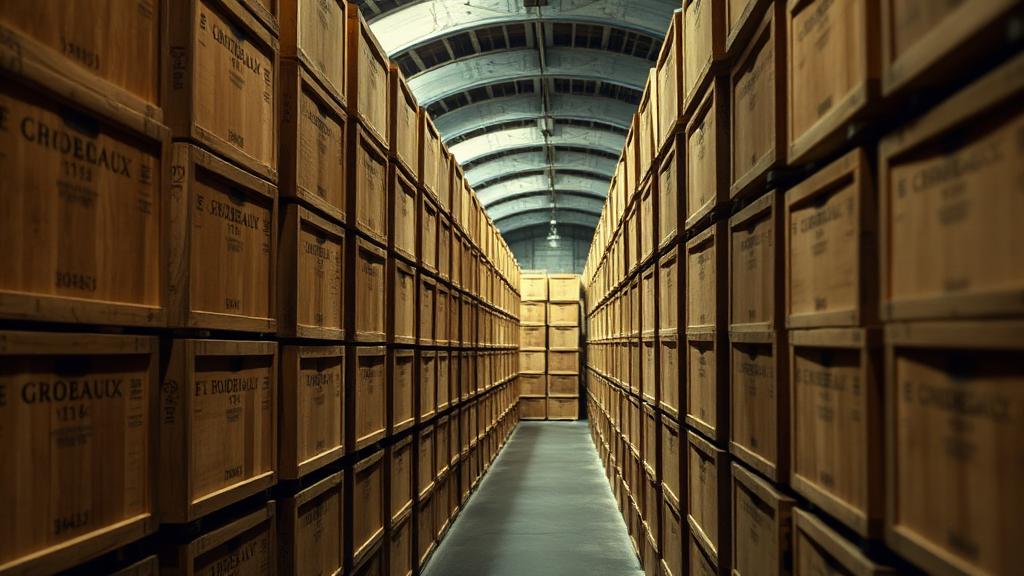 Wooden cases of Bordeaux stacked in a bonded wine warehouse aisle — Fine wine offering in Médoc, Bordeaux, France (UK bonded)