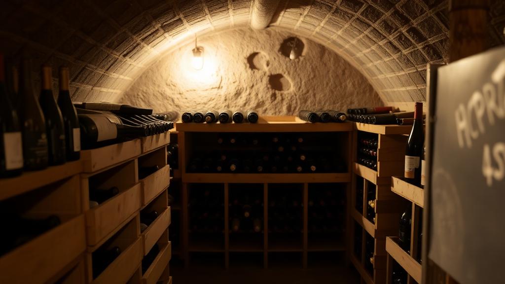 Burgundy cases and bottles in a stone vaulted cellar — Fine wine offering in Côte de Nuits, Burgundy, France (UK bonded)