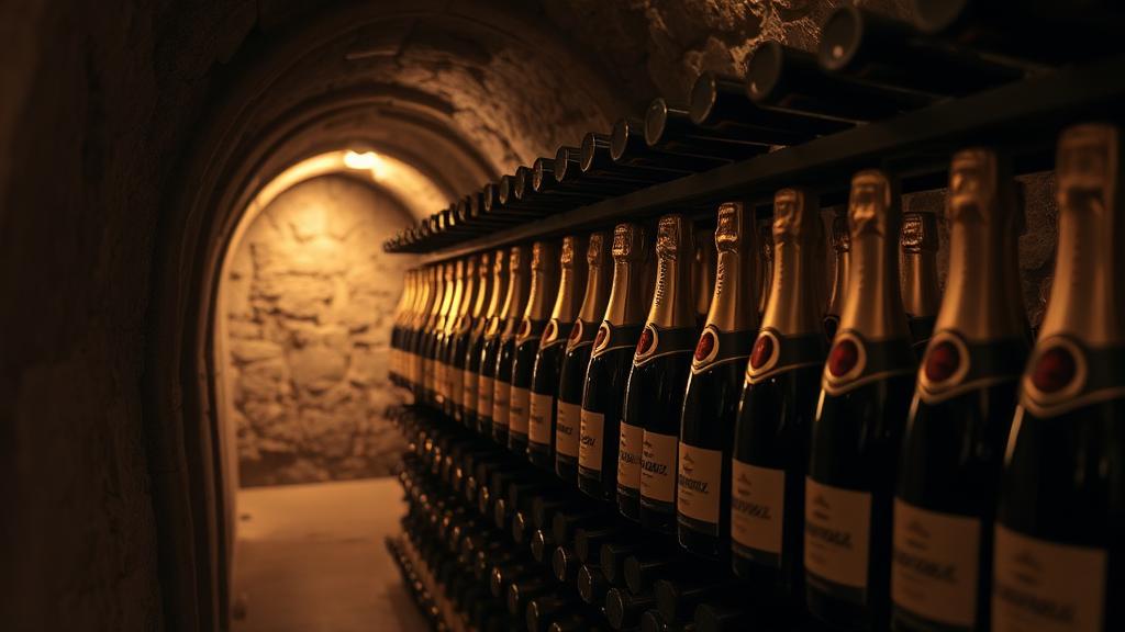 Champagne bottles resting on racks in a chalk cellar — Fine wine offering in Reims and Épernay, Champagne, France (UK bonded)