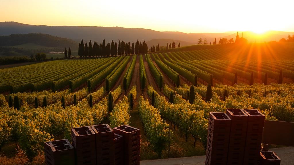 Tuscan vineyard at golden hour with wine cases in the foreground — Fine wine offering in Bolgheri, Tuscany, Italy (UK bonded)