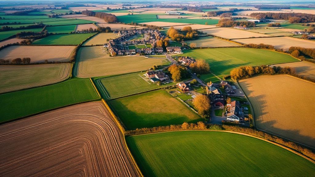Aerial view of a Yorkshire farmland estate with arable fields — Land & rural offering in Cotswold, South West, England